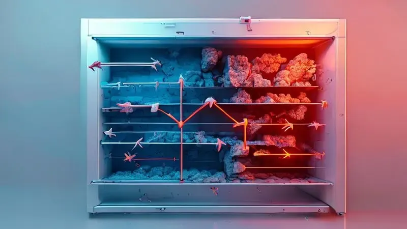 Ilustração conceitual da dilatação térmica dentro das paredes da geladeira causando estalos