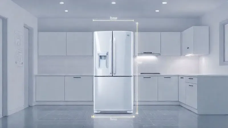 Ilustração de uma geladeira com linhas de dimensão em uma planta de cozinha, ajudando a visualizar as medidas e o encaixe no espaço.