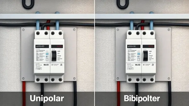 Comparação ilustrada entre disjuntores unipolar e bipolar mostrando diferenças na instalação elétrica