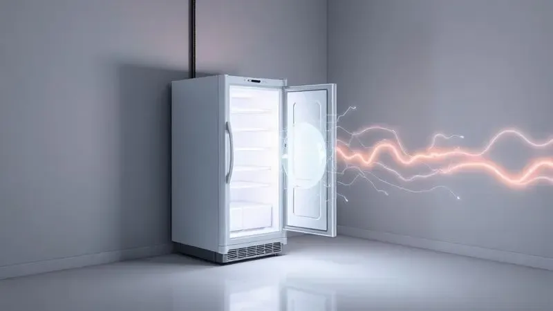 Ilustração 3D de dispositivo de proteção contra surtos criando escudo energético para geladeira.