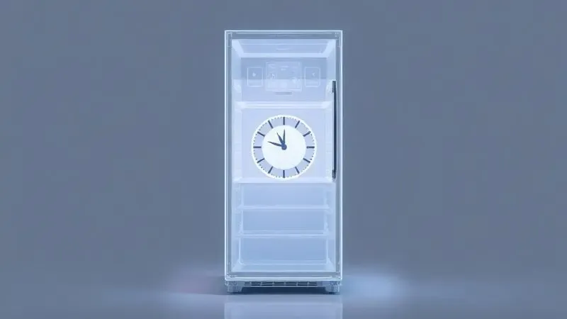 Render artístico de uma geladeira com um relógio dentro, simbolizando a durabilidade e o tempo de vida útil de um refrigerador Samsung.
