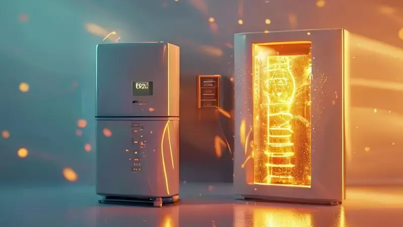 Conceito de eficiência energética mostrando geladeira bem vedada economizando energia versus vazamento
