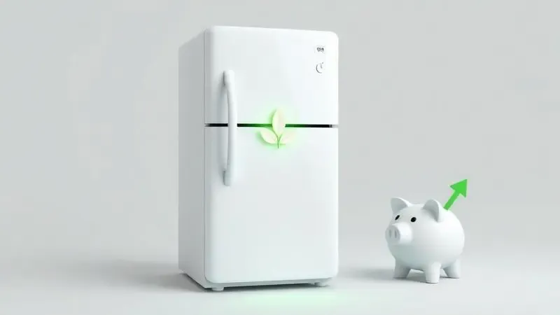 Ilustração 3D de uma geladeira com um símbolo de eficiência energética e um cofrinho, representando a economia de energia proporcionada pelo Selo Procel.