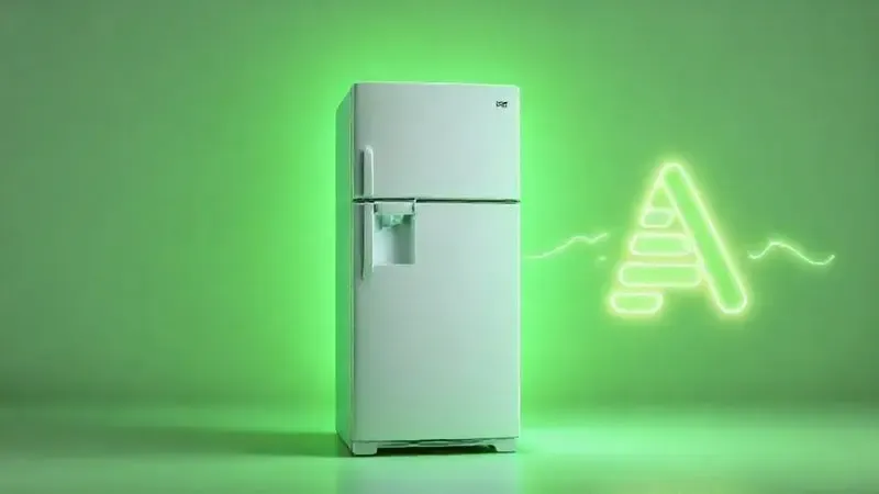 Render 3D de um refrigerador com luz verde, simbolizando a alta eficiência energética e o baixo consumo de eletricidade.