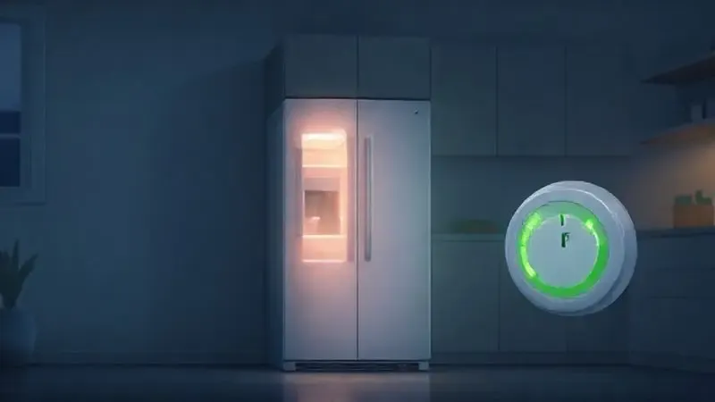 Ilustração digital da eficiência energética de uma geladeira na cozinha moderna, simbolizando baixo consumo.