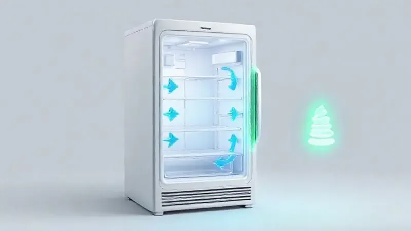 Render 3D conceitual de uma geladeira mostrando a circulação de ar frio e um símbolo de eficiência energética.