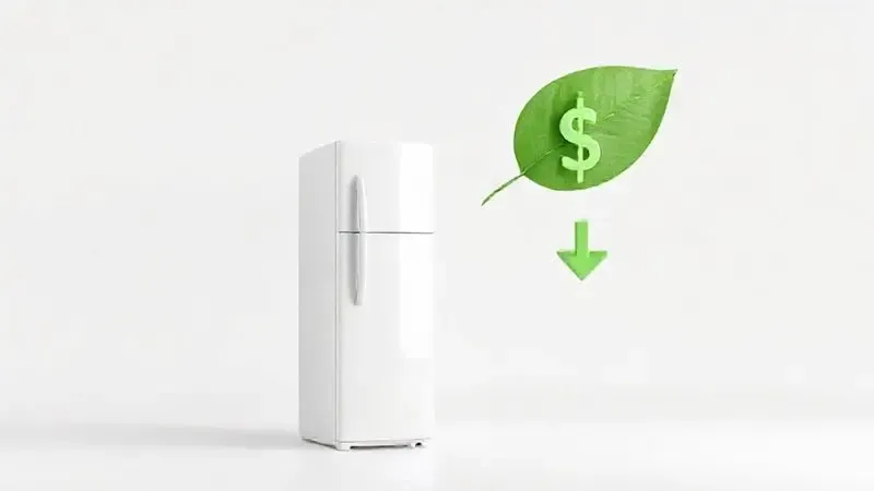 Imagem conceitual 3D de um ícone de geladeira ligado a uma folha verde e um cifrão com seta para baixo, representando economia de energia.