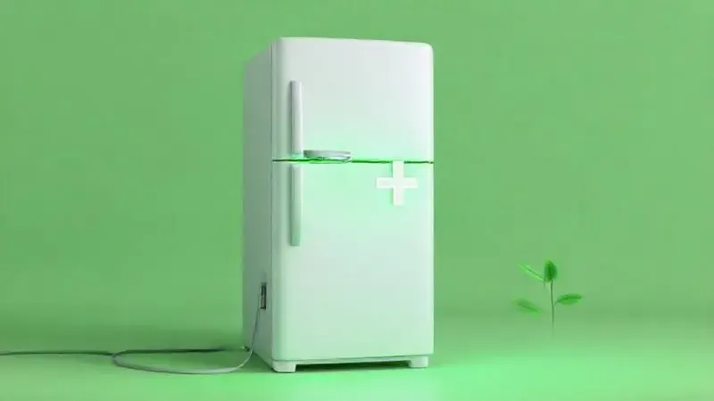 Ilustração 3D conceitual de uma geladeira com símbolo de eficiência energética, conectada a um ambiente verde, representando economia e sustentabilidade.
