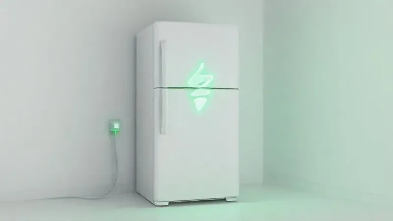 Render 3D ilustrando a alta eficiência energética de um refrigerador moderno com baixo consumo de eletricidade.