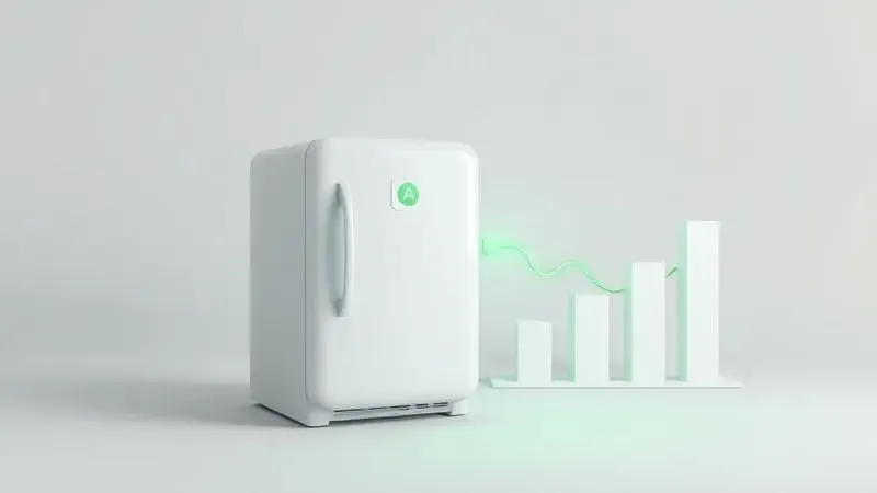 Render 3D de um refrigerador com selo de eficiência energética A e gráfico de consumo baixo, representando economia de energia.