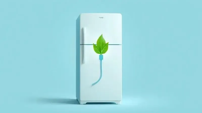 Ilustração conceitual de uma geladeira com uma folha verde e um ícone de energia, simbolizando a eficiência energética e a sustentabilidade.