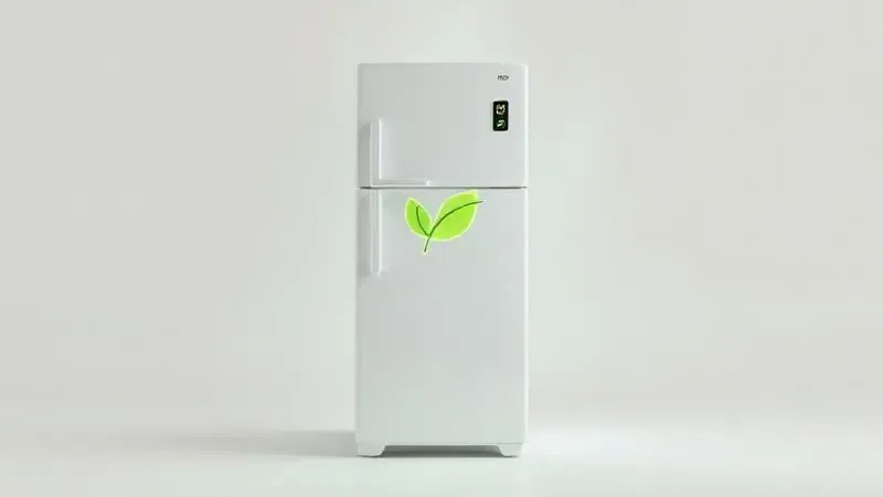 Ilustração 3D de uma geladeira com um símbolo de folha verde brilhante, representando o conceito de alta eficiência energética e sustentabilidade.
