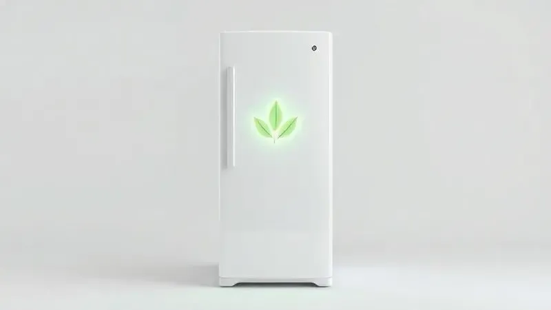 Render 3D de uma geladeira inverse conceitual com um símbolo de folha verde, representando a importância da eficiência energética na escolha do aparelho.