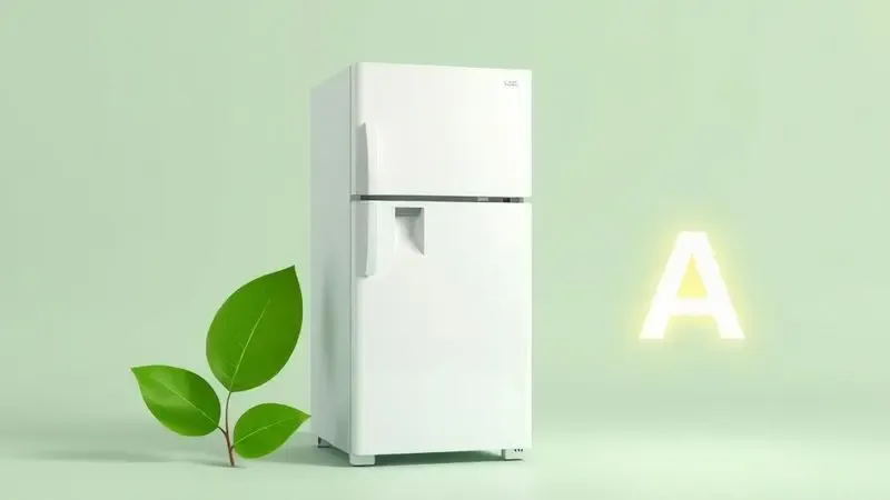 Render 3D de uma geladeira com um símbolo de folha verde, ilustrando o conceito de alta eficiência energética e sustentabilidade do aparelho.