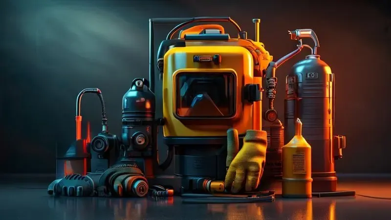 Equipamentos de segurança para manutenção de compressor: luvas, óculos e ferramentas em composição artística realista.