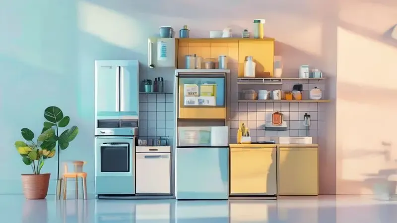 Ilustração conceitual 3D mostrando erros comuns na compra de geladeira como metáforas visuais simbólicas.