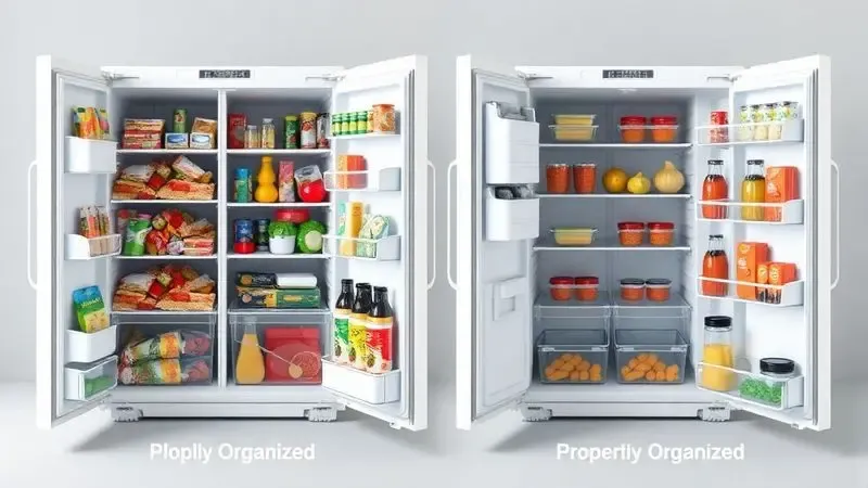 Comparação ilustrativa entre geladeira desorganizada e organizada mostrando erros comuns de armazenamento de alimentos.