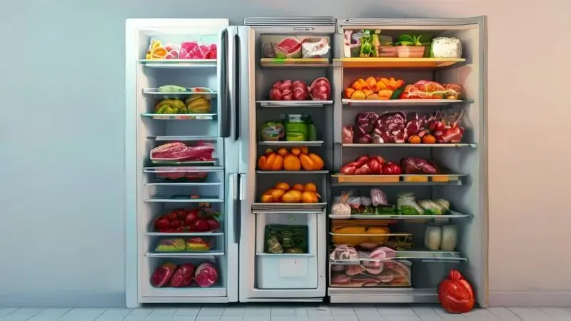 Ilustração conceitual mostrando erros comuns na organização da geladeira que prejudicam a conservação dos alimentos
