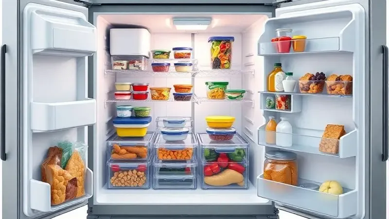 Ilustração digital do interior de uma geladeira conceitual perfeitamente organizada, mostrando o aproveitamento máximo do espaço interno.