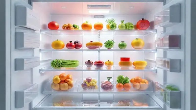 Render 3D artístico mostrando o interior de uma geladeira com alimentos perfeitamente organizados, ilustrando grande capacidade e especificações de espaço.
