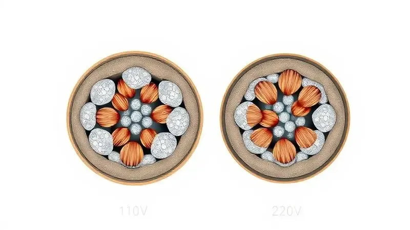 Ilustração técnica de dois cabos elétricos com diferentes espessuras, explicando a necessidade de fiação para 110V e 220V.