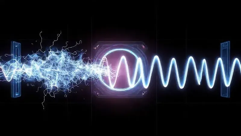 Ilustração do funcionamento do estabilizador, transformando energia elétrica caótica em corrente estável.