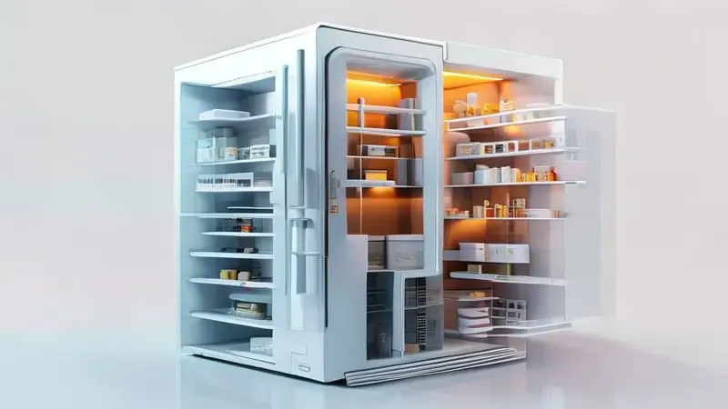 Ilustração conceitual do interior de uma geladeira moderna mostrando estrutura de prateleiras removíveis