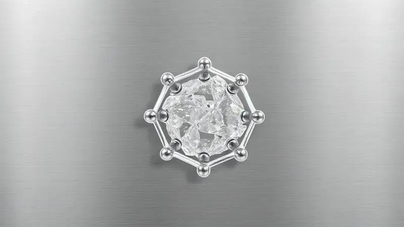 Ilustração conceitual da estrutura molecular do aço inox mostrando camada protetora de óxido de cromo