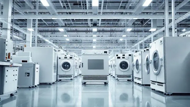 Renderização conceitual de uma linha de produção industrial moderna, ilustrando a fabricação de eletrodomésticos com alta tecnologia e controle de qualidade.