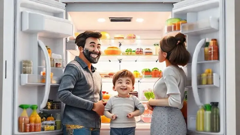 Família escolhendo alimentos em uma geladeira French Door espaçosa, ilustrando a capacidade ideal para famílias.