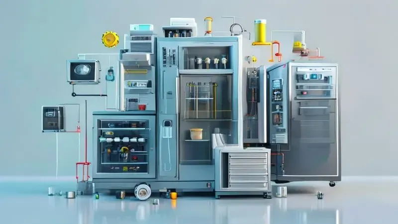 Ilustração conceitual mostrando os principais fatores de durabilidade de geladeiras como compressores, vedação e materiais