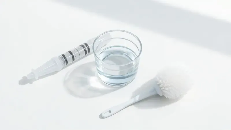Ferramentas para limpeza do dreno da geladeira incluindo seringa e água morna