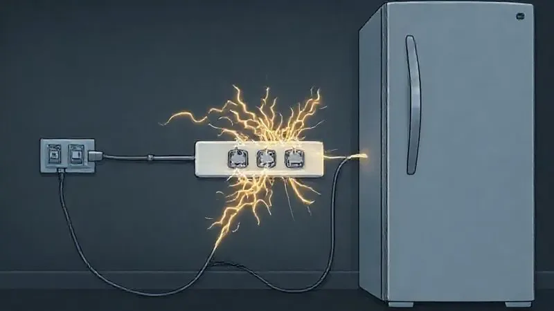 Ilustração técnica mostrando a inadequação de um filtro de linha padrão para a alta demanda de energia de uma geladeira.