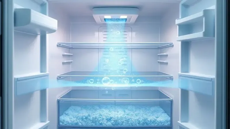 Ilustração do fluxo de ar frio dentro da geladeira mostrando como a temperatura desce para a parte inferior.