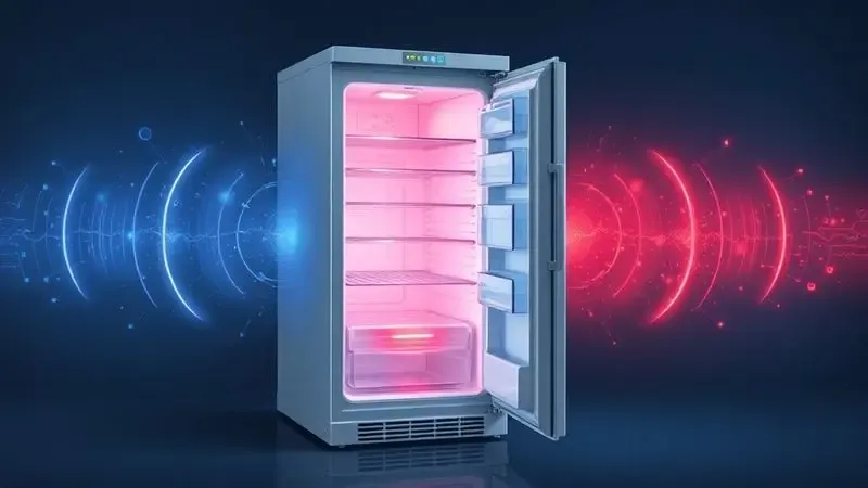 Ilustração conceitual do fluxo de energia e troca de calor em uma geladeira, mostrando o consumo elétrico.