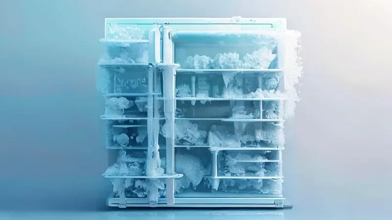 Ilustração conceitual mostrando formação de gelo no interior da geladeira e quando é necessário descongelar
