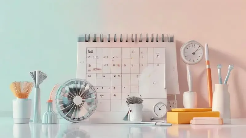 Ilustração conceitual de calendário com marcações para limpeza regular de ventilador e manutenção periódica
