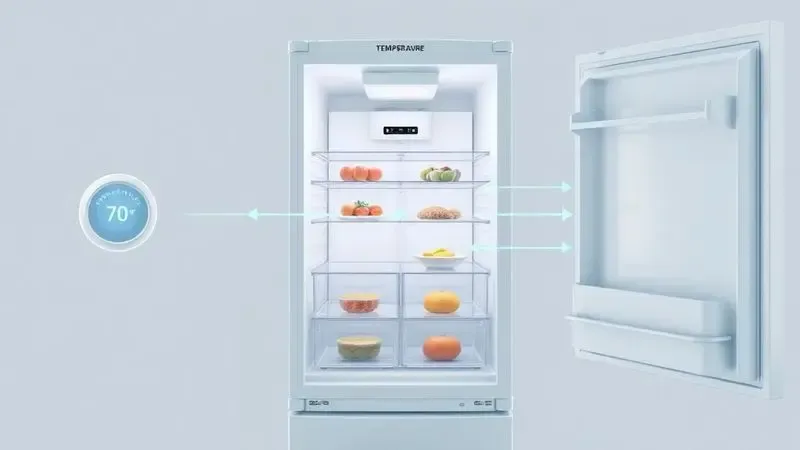 Diagrama conceitual mostrando como o termostato regula o fluxo de ar frio dentro da geladeira.