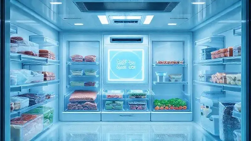 Ilustração de um freezer moderno e bem organizado, destacando a capacidade de congelamento rápido e as funções tecnológicas do compartimento.
