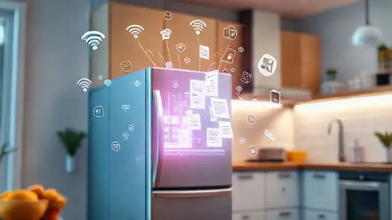 Ilustração digital de um fluxo de dados e ícones de WiFi, representando as diversas funcionalidades de uma geladeira inteligente conectada.
