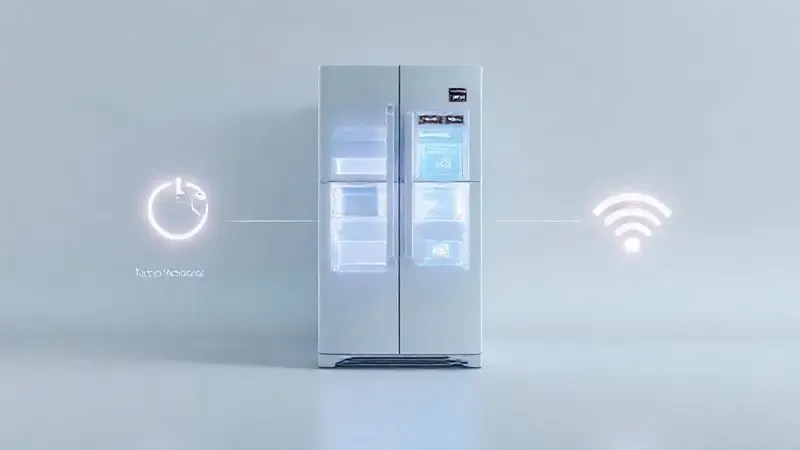 Render 3D conceitual destacando as funcionalidades de uma geladeira smart, com ícones de controle de temperatura, gelo e conectividade Wi-Fi.