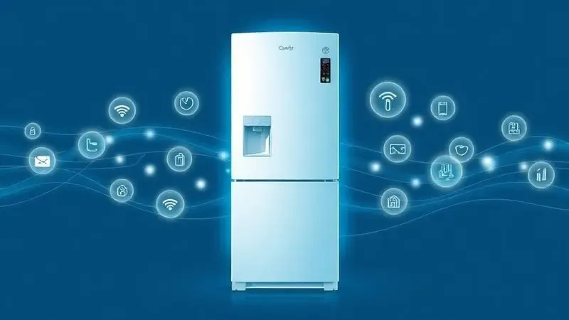 Ilustração artística de uma geladeira moderna com ícones de tecnologia ao redor, simbolizando suas funcionalidades inteligentes e inovadoras.