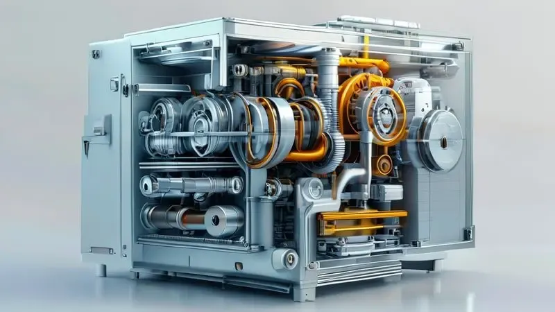 Ilustração 3D realista mostrando o funcionamento interno de um compressor de geladeira em corte transversal com fluxo de refrigerante