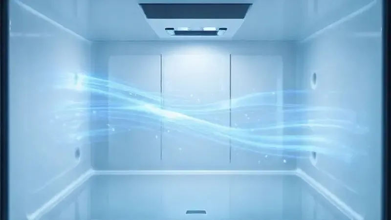 Renderização conceitual da tecnologia frost free, mostrando o fluxo de ar frio e ausência de gelo.