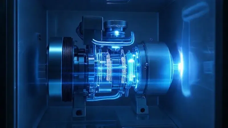 Ilustração 3D mostrando o funcionamento interno de um compressor Inverter, com fluxo de energia azul brilhante e eficiente.