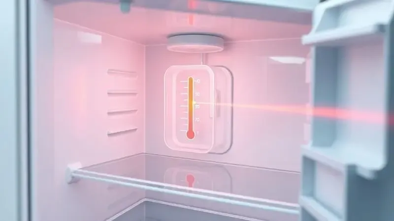 Ilustração conceitual mostrando funcionamento interno de sensor de temperatura em refrigerador