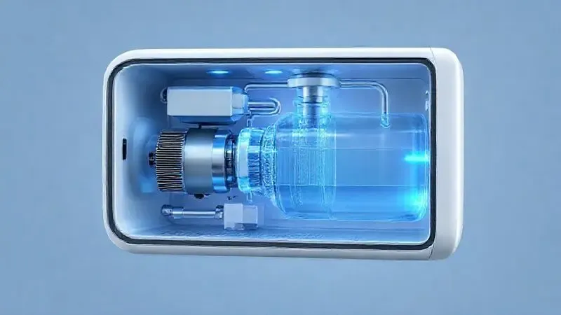 Render conceitual detalhando o funcionamento do sistema de refrigeração por compressor interno em um purificador de água.