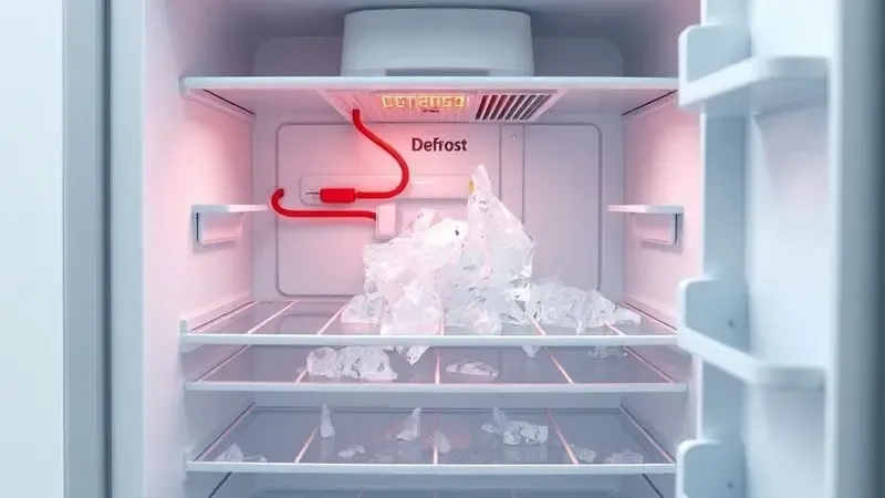 Ilustração 3D do sistema interno de degelo de uma geladeira com elementos técnicos visíveis