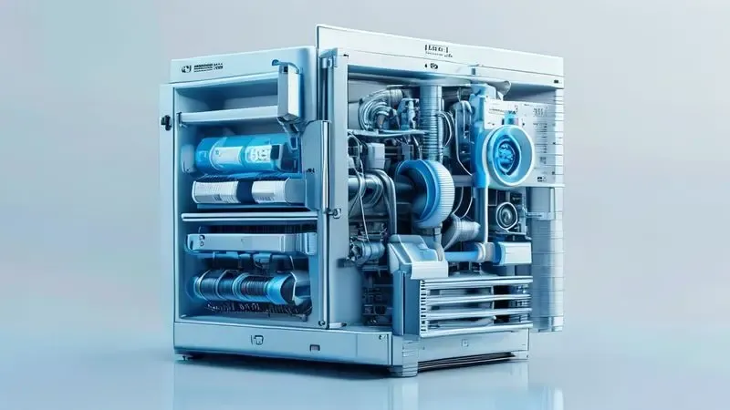 Ilustração conceitual em 3D mostrando o funcionamento interno da tecnologia inverter em uma geladeira moderna