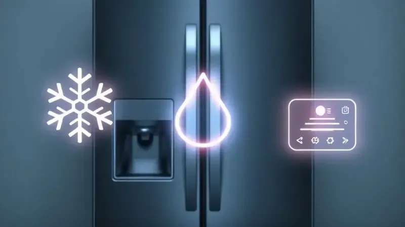 Ilustração artística com ícones de funções especiais flutuando em frente a uma geladeira, representando tecnologia e características modernas.